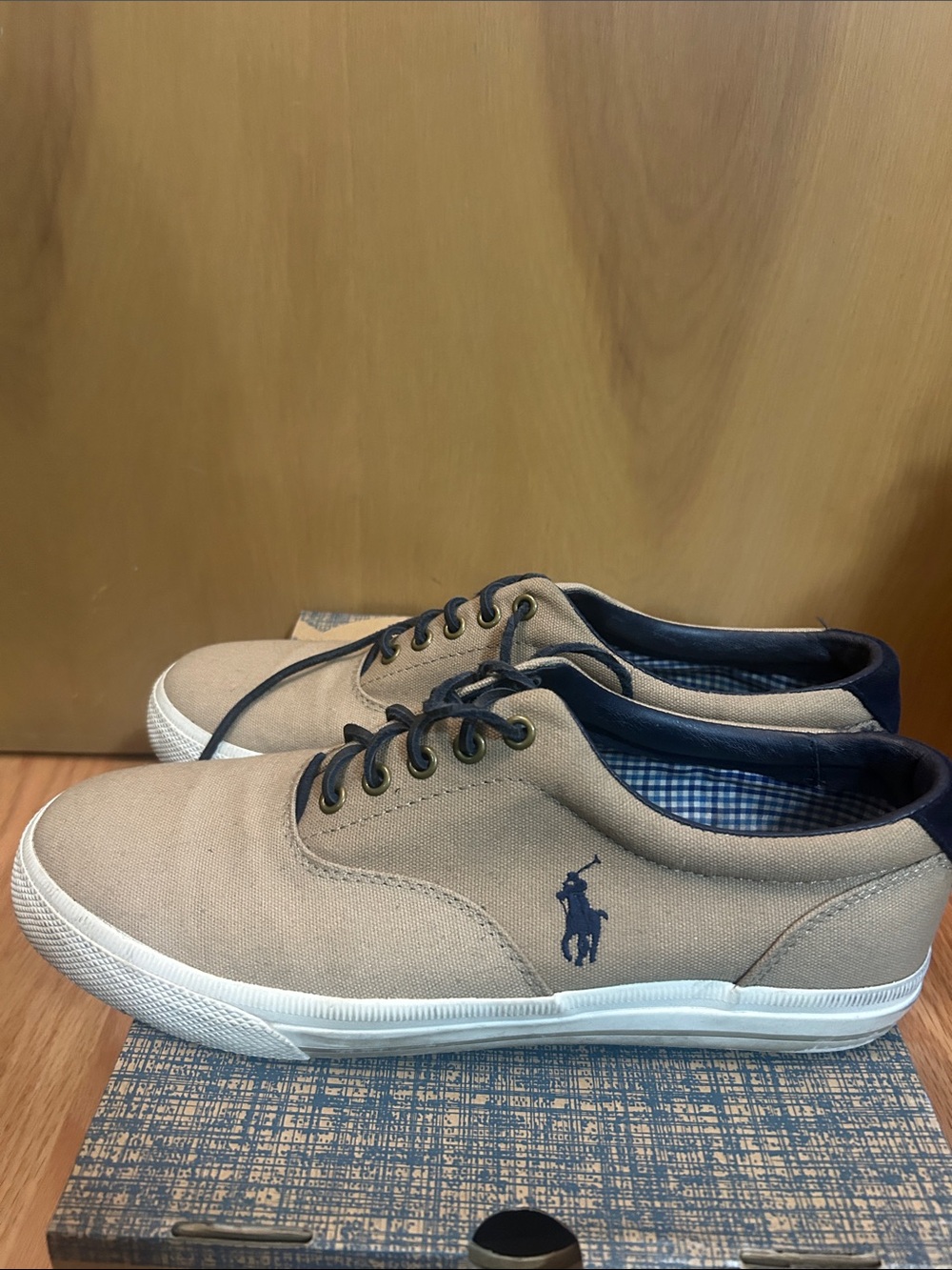 Polo by Ralph Lauren Men’s Khaki Canvas Low-Top Sneakers with Navy Trim